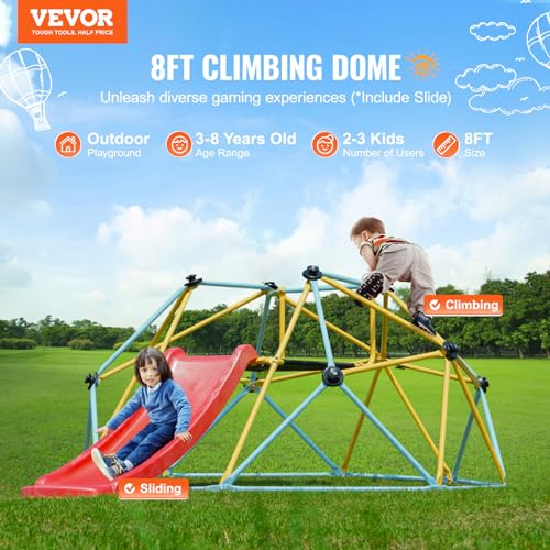 VEVOR Climbing Dome, 8FT Jungle Gym with Slide, Geometric Dome Climber Supports 600LBS and Easy Assembly for Kids 3 to 9 Years Old, with Climbing Grip, Outdoor and Indoor Play Equipment for Kids by VEVOR - Image 2