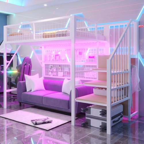 Wyibwy Cama alta 90x200 con tira de luz LED controlada por aplicación, cama multifuncional de metal con escalera de almacenamiento y armario abierto, adecuada para niños y adolescentes, blanco
