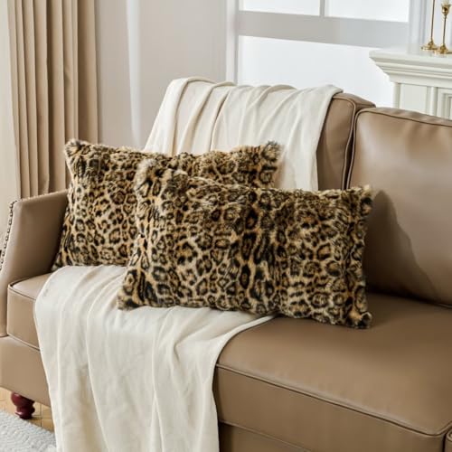 Animebody Cheetah Print Faux Fur Fluffy Pillowcases Plush Soft Throw Pillow Covers Fuzzy Decorative Leopard Print Pillow Cases Furry Brown Leopard Cushion Covers for Couch Sofa-12x20 inch Set of 2