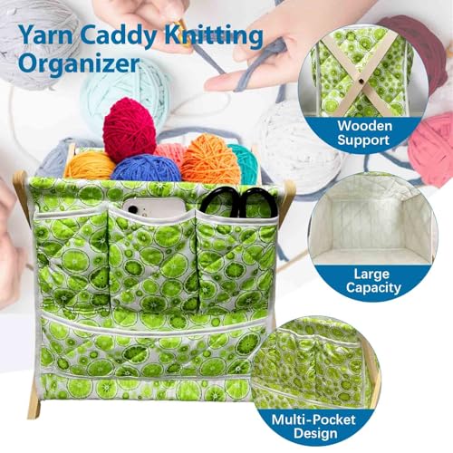 Image of Yarn and Needles Large Size Yarn Storage Organizer for Yarn Skeins,Crochet Organizer for Crochet Hooks Knitting Needles,100% Quilted Cotton with Fold-up Wooden Frame