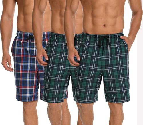Image of Men's Summer Cotton Woven Pajama Shorts 3-Pack Lightweight Sleepwear Lounge Pockets Elastic Waistband for Home