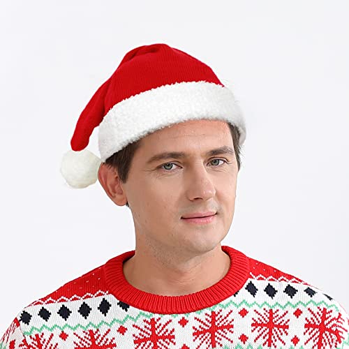 Image of LAWKUL Christmas Hat, Santa Hat, Red Fluffy Hat for Adults Teenagers Men Women New Year Festive Holiday Party Decorations Supplies