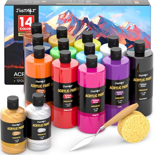 JusArt 14 Colors Acrylic Paint Set Including Gold and Silver 16.9oz(500ml) Large Bulk Bottles Adult Artist Paints for Rocks Mural Walls Crafts Glass Fabric Ceramic Canvas