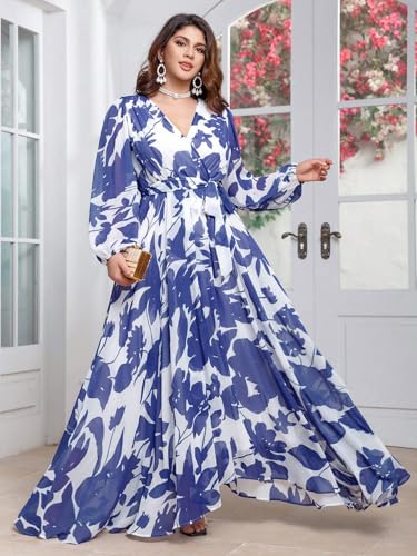 Image of Spring Summer 2024 Plus Size Womens Dresses V Neck Casual Elegant Long Sleeve Floral Print Maxi Dress