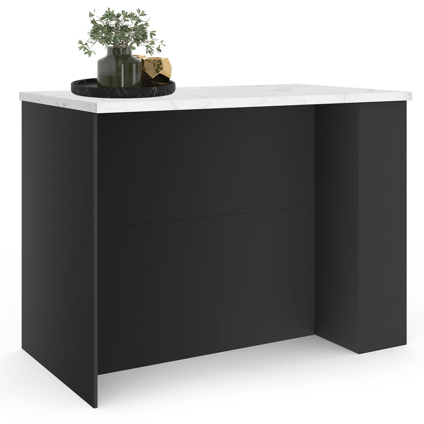 IDMarket - Ilot Central TIBO 120 cm Bois Noir avec Plan de Travail Effet marbre Alaska