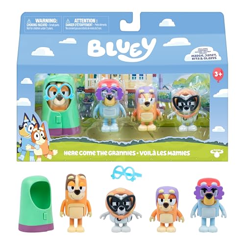 Bluey Figure 4-Pack Here Come the Grannies. 4 Episode-Themed Figures with Moving Arms & Accessories 2.5-3 (6-7.6 cm) Poseable Toys for Kids. Recreate Moments from the Episode Grannies.