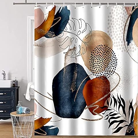 Hanrunsi Shower Curtain Waterproof Abstract Modern Morandi Art Fabric Minimalist Bath Curtain with 12 Hooks Tropical Plants for Wetroom Weighted Hem Anti Mould 180 x 180cm (71 x 71 Inch) Cover