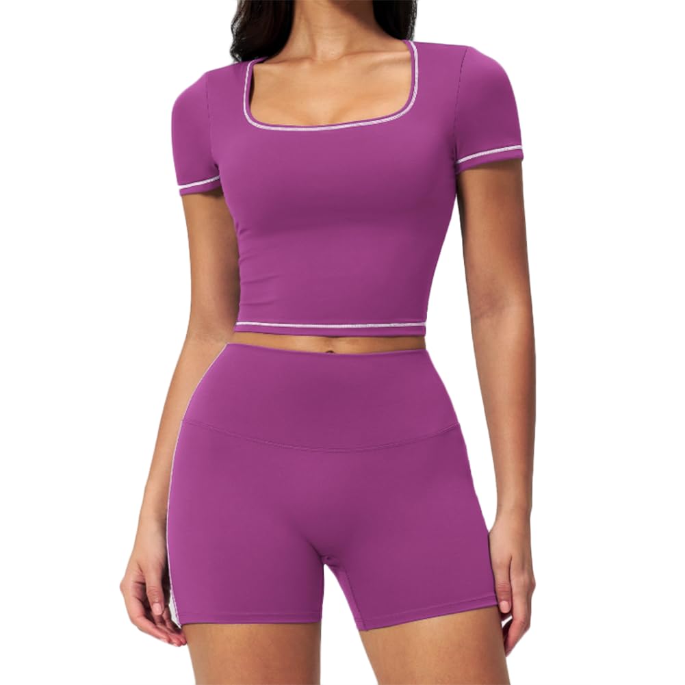 XYFfybhsd Women Workout Sport 2 Piece Yoga Contrast Stitching Gym Leggings Shorts and Crop Top Set(Size:M,Color:Purple)