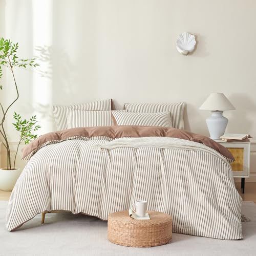 Image of Brown Striped Comforter Set Queen - 3 Pieces Bedding Comforter Set for All Season, Soft Lightweight Washed Microfiber, 1 Striped Comforter and 2 Pillowcases (Brown, Queen Size)