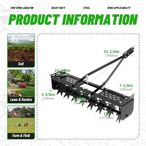 WUTIST 32 in Tow Behind Spike Aerator W/ 8 Spikes, Hitch Pin Attach to Lawn Tractor, Most ZTRs, ATVs Soil Mower Hitch, Lawn Soil Penetrator for Gardens, Lawns, Farms - Thumbnail 2