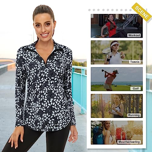 Koscacy Workout Tops For Women Long Sleeve, Shirts V Neck Half Zip Golf Pullover For Ladies Gym Training Outdoor Sports Shirts Workout Tennis Top White Leaf Small thumb #3