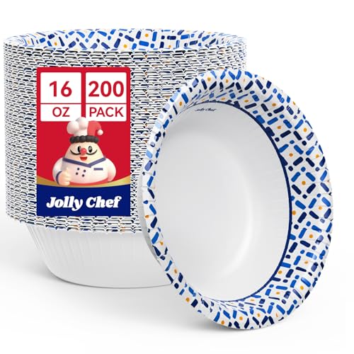 JOLLY CHEF 200 Count 16 oz Paper Bowls Soak-Proof Small Disposable Bowls for Soup Salad and Snacks Desserts Perfect for Parties Weddings Catering Home and Office
