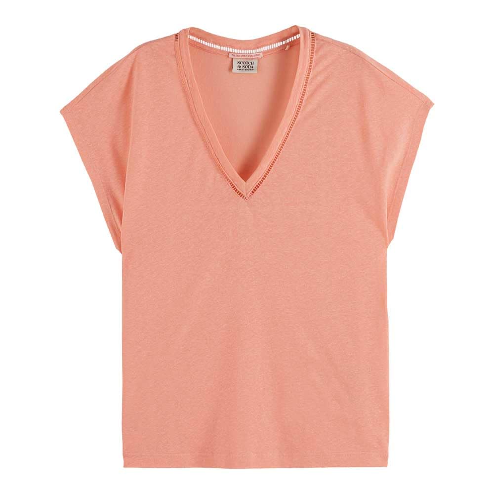Scotch & Soda Women's Cotton Linen V-Neck T-Shirt, Peach Pink, M