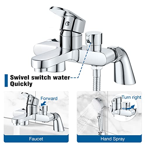 Modern Bath Mixer Taps with Shower Set - Single Lever Bathtub Tap with Hand Spray Slider Riser Rail Kit in Chrome Brass Finish - Image 3