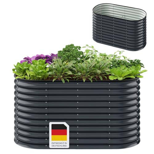 STEELSØN Talara Hochbeet aus Metall – Pflanzenbeet für Garten & Balkon Anthrazit – Pflanzenkübel oval mit offener Bodenstruktur & Stabilisierungsstreben – Gartenbeet für Gemüse, Kräuter, Blumen