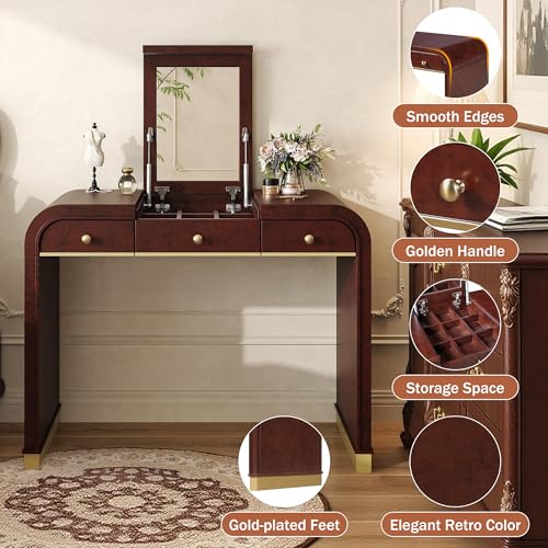 Image of JIVOIT Vintage Vanity Desk with Flip Mirror, Flip-Top Mirror with Hidden Storage, 3-in-1 Wood Dressing Table with 2 Drawers and Storage Space, Easy Assembly (Espresso,44)