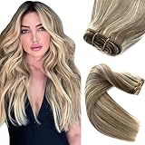 Sew in Hair Extensions Real Human Hair Bundles, 12 Inch 80G Ash Brown and Blonde Balayage Ash Blonde Highlights Remy Weft Hair Extensions Human Hair Hand Tied Weft Hair Extensions Human Hair Weave