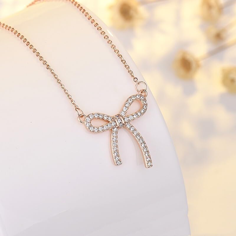 DATOA Sparkly Silver Small Bow Pendant Necklace for Women Dainty Rhinestone Necklace Trendy Party Wedding Jewelry - Image 3
