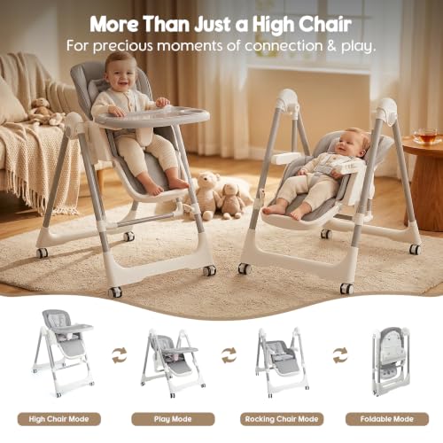 Image of Foldable High Chairs for Babies and Toddlers Convert to Baby Rocker | Convertible with Reclining Seat & Leg Rest, 3-in-1 with Tool-Free Assembly