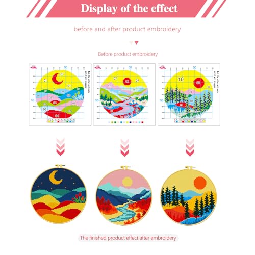 Image of Zhenqing Sun Moon Landscape Stamped Cross Stitch Kit, 3 Pack 11CT Printed Mountain Scenery Patterns with Hoops and Tools, DIY Embroidery Set for Adults and Beginners