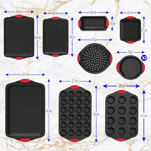 NutriChef Set 10 Teglie da Forno Antiaderente, Rivestimento Grigio Nonstick di Lusso all'Interno e all'Esterno, Qualità da Ristorante Commerciale in Metallo con Manici in Silicone Rosso - immagine 3