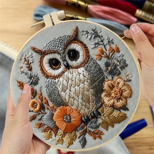 Image of Huacan Embroidery Kit for Beginners Adults Includes Stamped Owl Pattern, Hoop, Color Threads,Tools,Easy to Follow Instruction