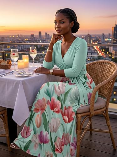 Image of PinkPatty Plus Size Maxi Dress for Women Casual V Neck 3 /4 Sleeve Boho Printed Long Dress with Pockets