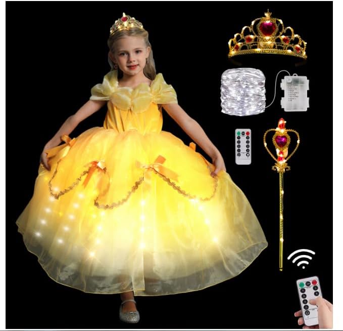 Miniatura 2 de CIYTI Vestido prncess iluminado para niñas, disfraz de Halloween, vestido de princesa, vestido de hada, color amarillo calabaza