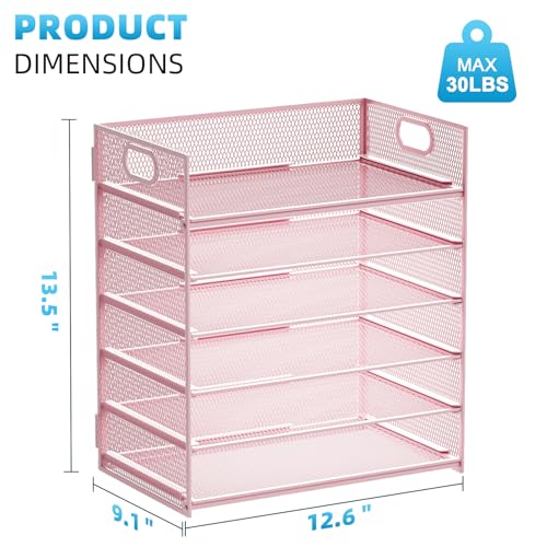 Image of Marbrasse 2 Pack Desk Organizer with Handle, 6 Tier Paper Letter Tray, Mesh Desk File Organizer for Office, School and Home - Pink