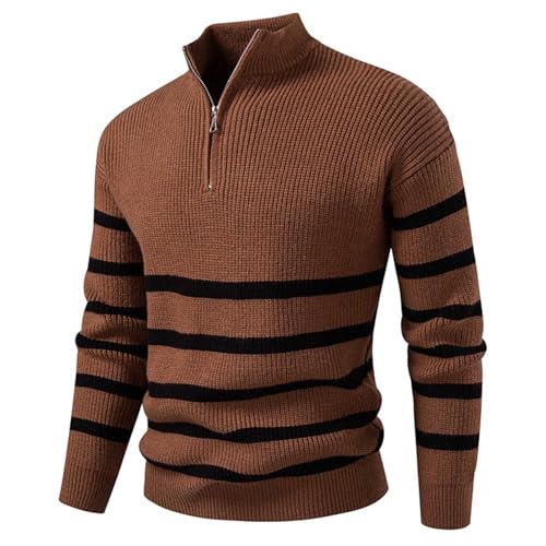 Cambkatl Men's Quarter Zip Striped Sweaters - Stylish Stand Collar Stretch Casual Long Sleeve Pullover Knitted Sweater Tops