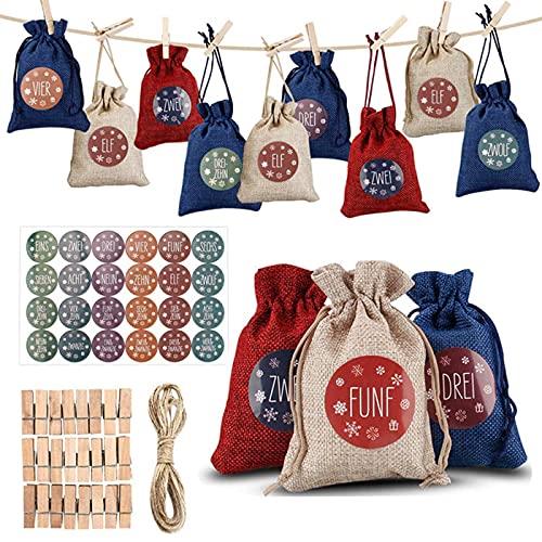 24 Calendrier de l'Avent-Sac en Tissu,Sachet Calendrier Noel Remplir, DIY Noël Cadeaux Sacs, 24 Sac Calendrier de l'avent avec Chiffres imprimés, Mini Pinces en Bois et Corde de Chanvre de 10 m Cover