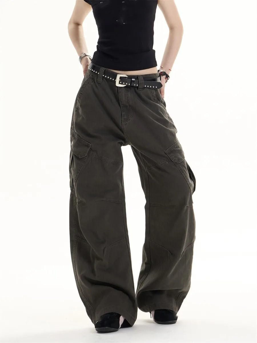 Women's Retro Casual Work Pants Couples Autumn Multi Pocket Straight Leg Loose Cargo Pants for Ladies