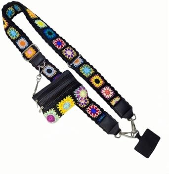 Clip and Go Strap for Phone with Wallet Crossbody,Cute Flower Embroidered Cellphone Lanyard for All Phones Black Flower