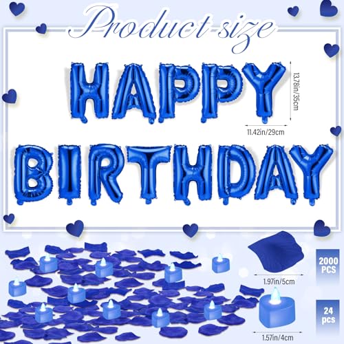 Image of Blue Happy Birthday Balloons Decorations Happy Birthday Letter Balloons Banner Set with 24pcs Heart Flameless LED Candles and 2000pcs Artificial Rose Petals for Women Men Room Party Decor