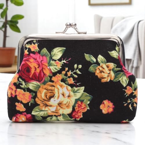 Generic 1Pcs Pouch Wallet Rose Design Snap Purse Canvas Black 12x9cm