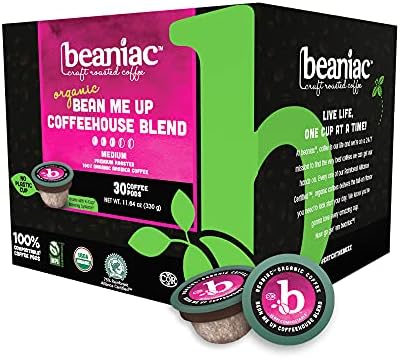 beaniac Organic Bean Me Up Coffeehouse Blend| Medium Roast, Single Serve Coffee K Cup Pods | Rainforest Alliance Certified and Organic Arabica Coffee | 30 Compostable, Plant-Based Coffee Pods