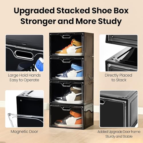 Image of 8 Pack Drop Side Shoe Boxes, Large Stackable Shoe Storage, Thick Plastic | Sneaker Storage with Magnetic Door, Shoe Organizer for Closet, Sturdy Shoe Containers, Sneaker display Case Fit up to Size 13