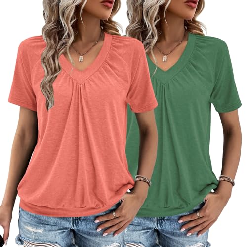 Cute Summer Tops 2 Pack V Neck Short Sleeve Ruched 13 cute summer tops 2 pack - pink and green
