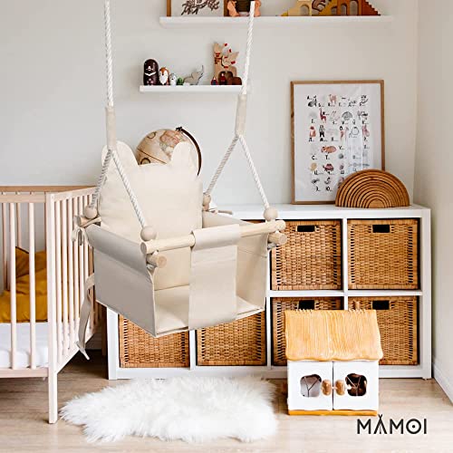MAMOI-Babyschaukel-Baby-schaukel-Indoor-Kinderschaukel-aus-Holz-Holzschaukel-fur-Kinder-Schaukeln-fur-turrahmen-Swing-Kleinkinderschaukel-ab-1-Jahr-fur-Kinderzimmer-Beige