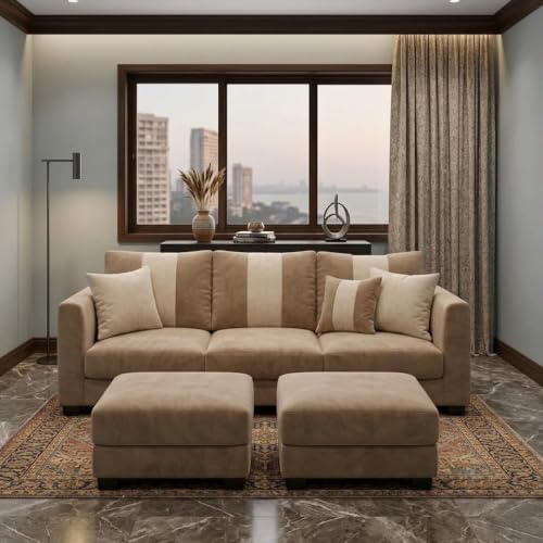 Image of Revo 5 Seater L Shape Sofa Set with 2 Movable Ottomans | Flexible Layout | Luxury Velvet Suede Fabric | Modern Living Room Sofa | Beige