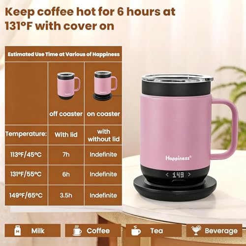 Image of Happiness Smart Heated Coffee Mug,Rechargeable Electric Self Heating Temperature Control Coffee Cup Gifts for Mom Dad Women Men