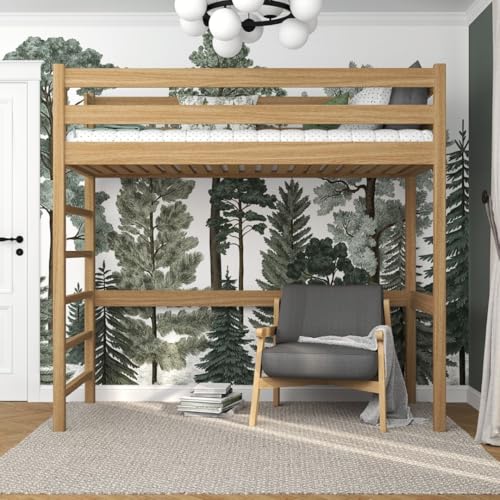 N-wood N01 Hochbett, Etagenbett 100x200 cm, aus Eichenholz, 2 Leitermontageseiten: Links oder rechts, sichere abgerundete Kanten, Stabile Massivholzkonstruktion, inklusive Lattenrost, Natureiche