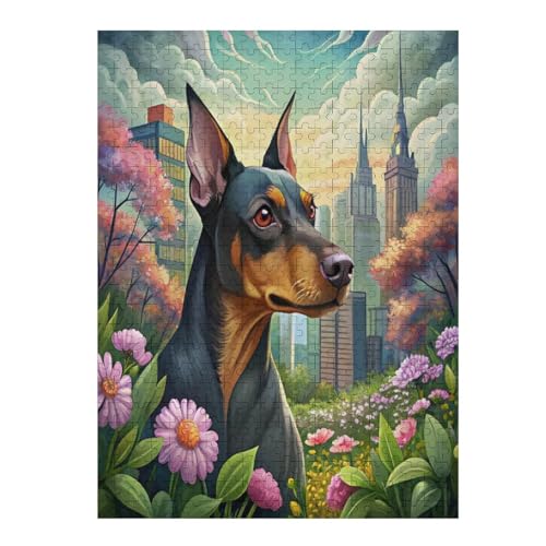 Painting of Manchester Terrier Dog Surrounded by Flowers 500 Piece Jigsaw Puzzle for Adults, Home Decor Birthday Party Gift Family Game Toy as Wall Art Decor Poster