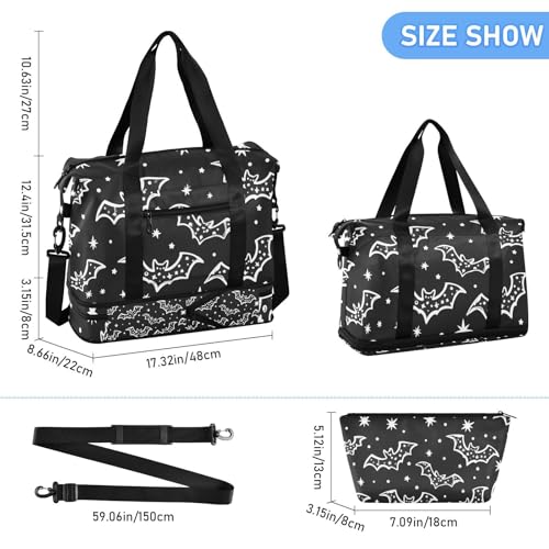 ALAZA Sports Duffel Bags with Toiletry Bag Set,Hand Drawn Bat Pattern Travel Duffel Bags Multi Pockets Weekend Bag3
