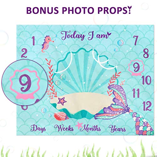 Mermaid Baby Monthly Milestone Blanket Mermaid Fleece Blankets Baby Girls Pictures Growth Tracker Photography Background Weeks Months With Props For Newborn Infants Shower Gift (50” X 40”) #TOP3