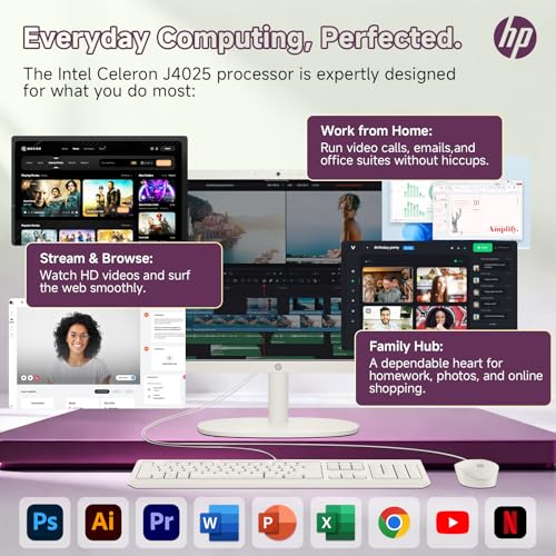 Image of HP All in One Desktop Computer, 21.5 inch FHD Anti-Glare Display, Intel Celeron J4025 Processor, 32 GB RAM, 2 TB SSD, Intel UHD Graphics, Wi-Fi 6, Webcam, Wired KB & Mouse, Windows 11 Pro, w /Accessories