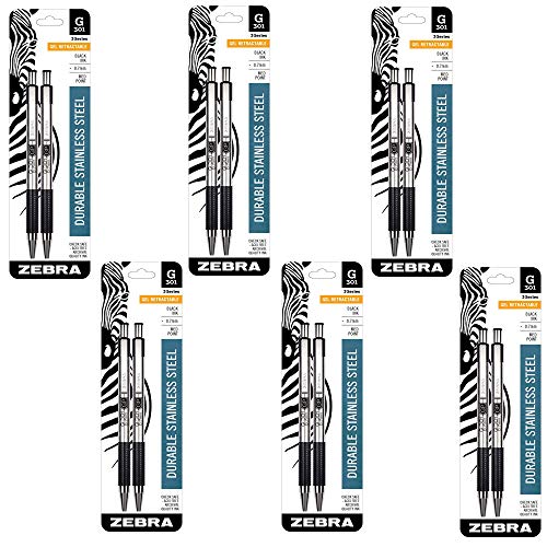 Zebra Pen 41312 G-301 Stainless Steel Retractable Gel Pen, Medium Point, 0.7mm, Black Ink, 2-Count (6 PACK)