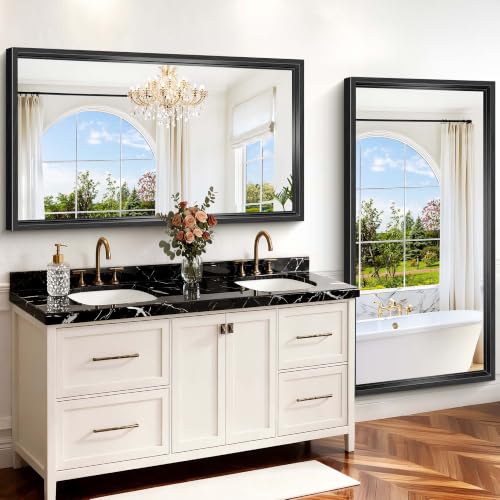 Image of Black Rectangle Mirror, 66 x 36 Inch Large Bathroom Mirrors | 0.6 inch Thickened Deep Frame Rectangular Wall Mirror, Brushed, Tempered Glass, Antirust, Horizontally /Vertically