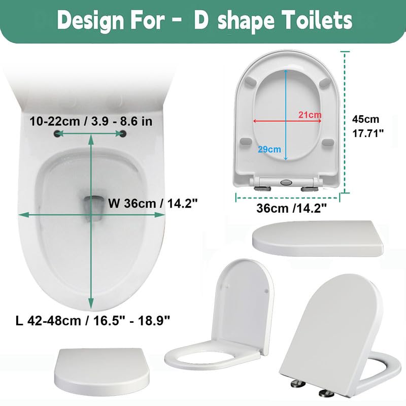 Sedile WC a forma di D, 36 * 46cm, Copriwater Tavoletta WC Con chiusura ammortizzata e funzione di sgancio rapido, Montaggio Rapido, Bianco