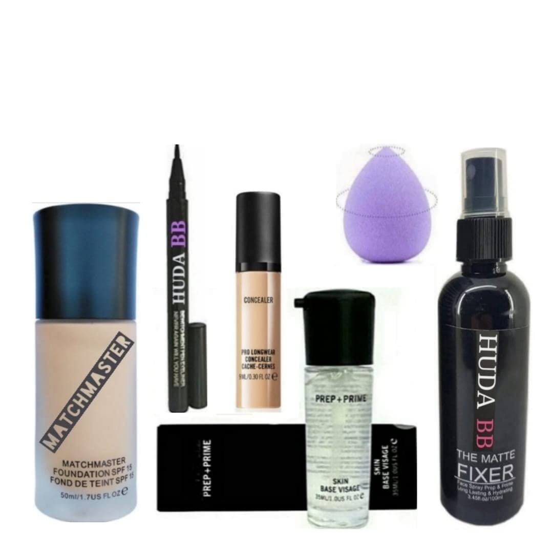 HUDA BB Primer,Concealer, Fixer Face Spray & Foundation,Waterproof Sketch pen Eyeliner With Makeup Blender, Set of 6